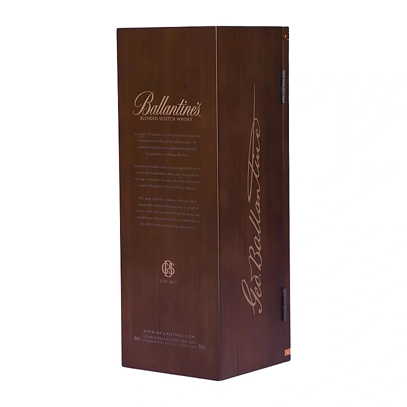 Back view of Ballantine's 30 whisky box with engraved text
