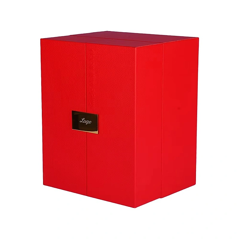 Red luxury liquor box with gold logo plaque