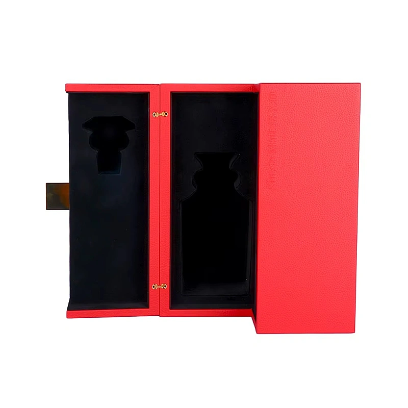 Red liquor box opened showing black bottle insert