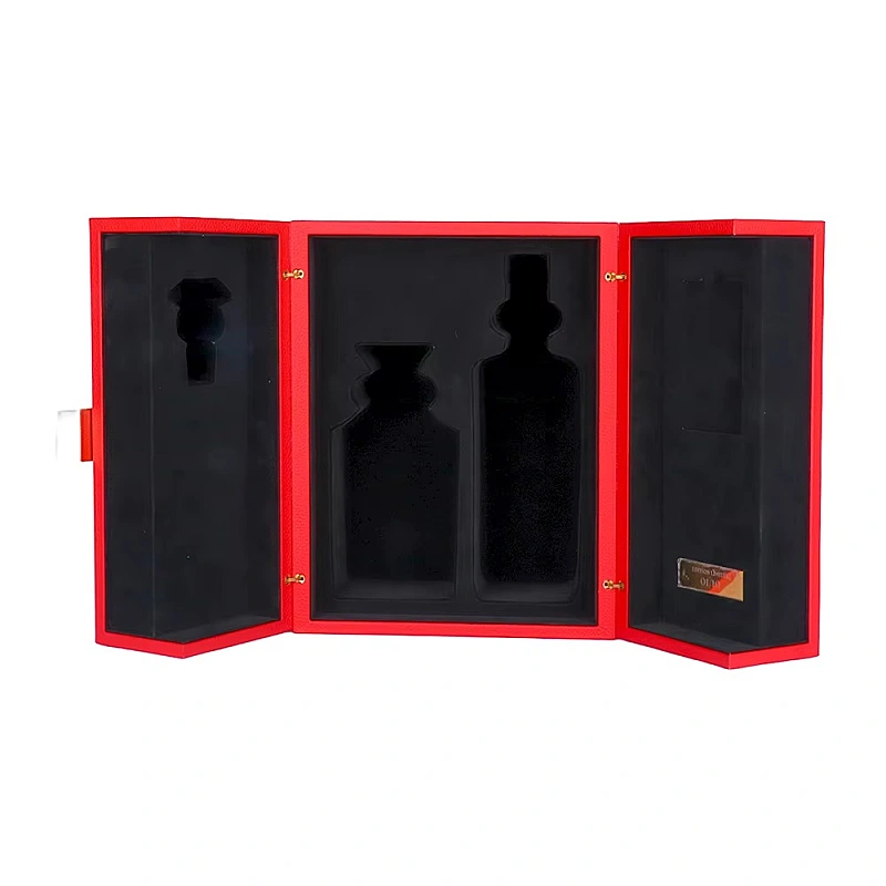 Red triple door liquor box with black velvet insert