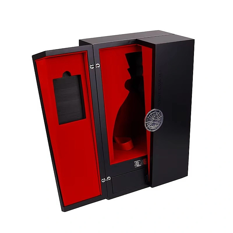 Black luxury box with red interior and emblem